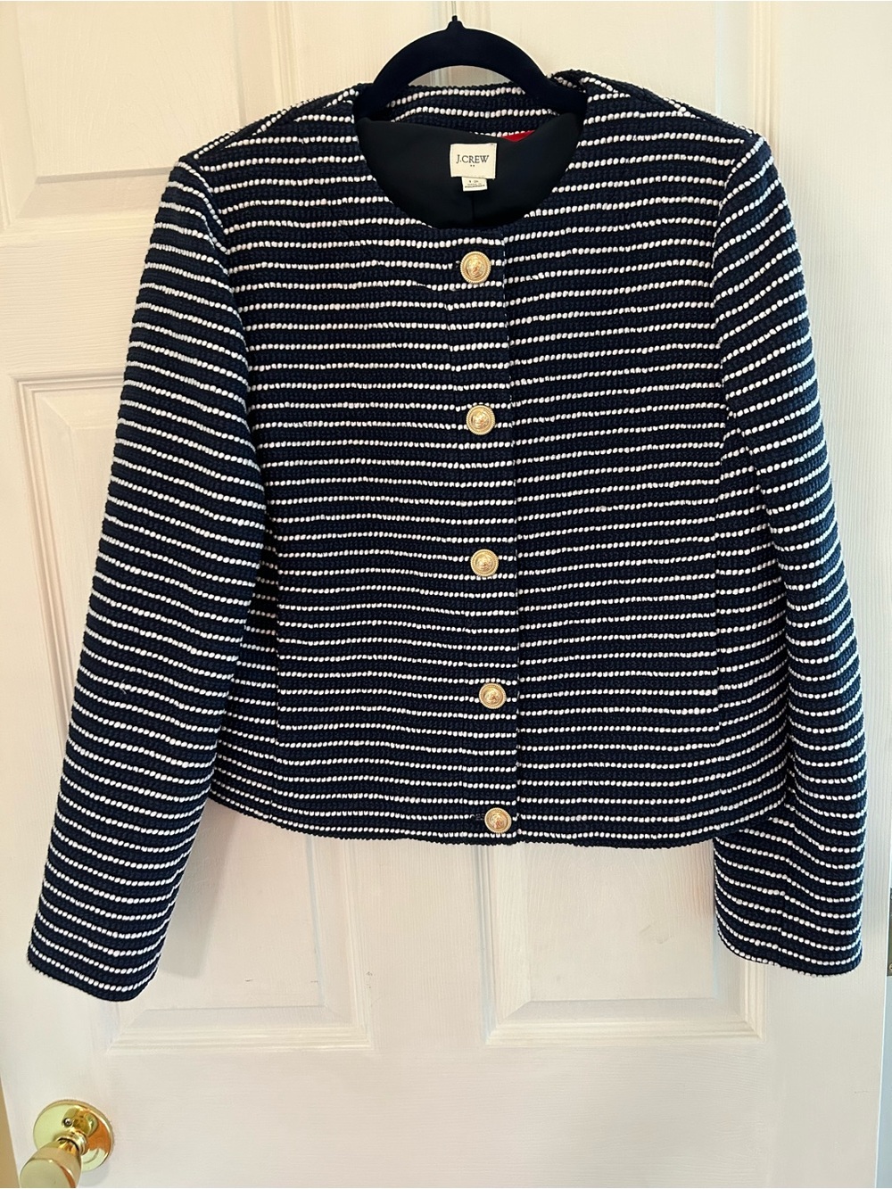 J. Crew Navy and White Striped Collarless Knit Blazer with Gold Buttons